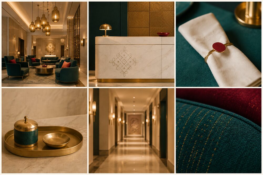 Moodboard: Boutique Hotel Premium. Teal, marble, brass, gold.